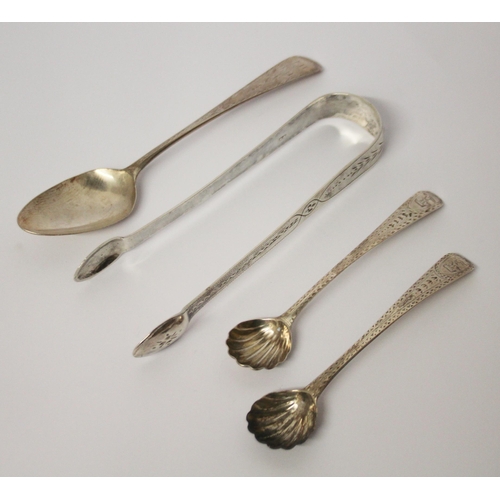 548 - Georgian silver -  sugar nips, pair of salt spoons and a teaspoon all with bright cut engraving.