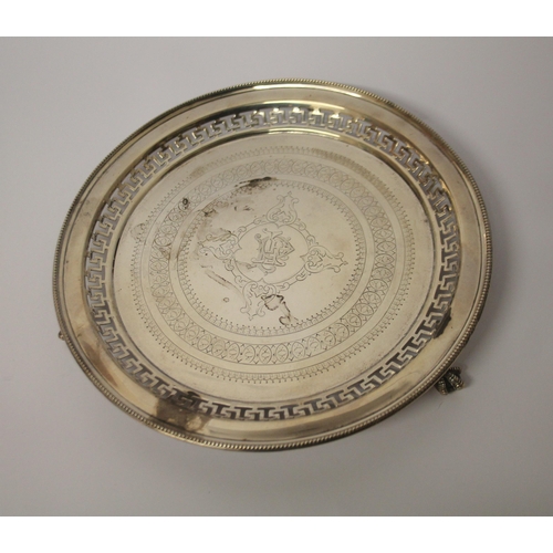 558 - Victorian silver card waiter/salver with pierced Greek Key design border with engraved armorial to t... 