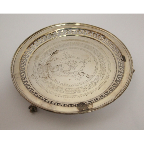 558 - Victorian silver card waiter/salver with pierced Greek Key design border with engraved armorial to t... 