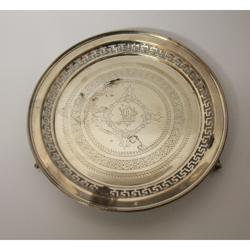 558 - Victorian silver card waiter/salver with pierced Greek Key design border with engraved armorial to t... 