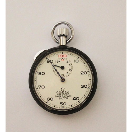 580 - An Omega Prestons Timer stopwatch, in circular case, with Arabic numerals on a white ground, 7cm H.