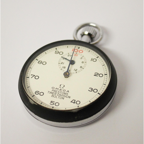 580 - An Omega Prestons Timer stopwatch, in circular case, with Arabic numerals on a white ground, 7cm H.