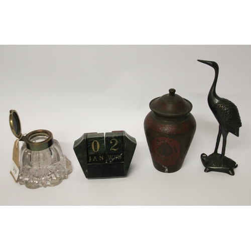 319 - Collectables to include Malachite perpetual desk calendar, ink well, Indian jar and a bronze of a cr... 