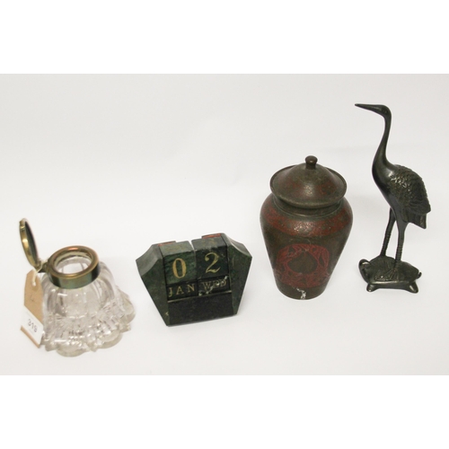 319 - Collectables to include Malachite perpetual desk calendar, ink well, Indian jar and a bronze of a cr... 