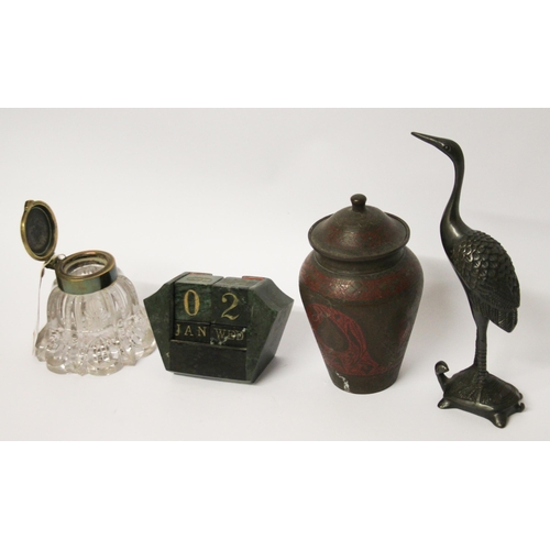 319 - Collectables to include Malachite perpetual desk calendar, ink well, Indian jar and a bronze of a cr... 