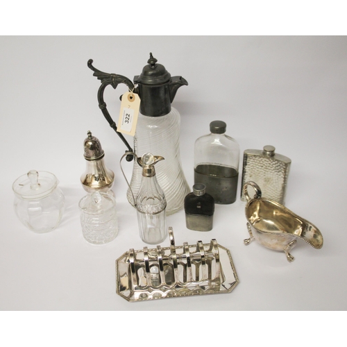 322 - A Wrythen glass and pewter mounted claret jug, a small oil and vinegar bottle and various silver pla... 