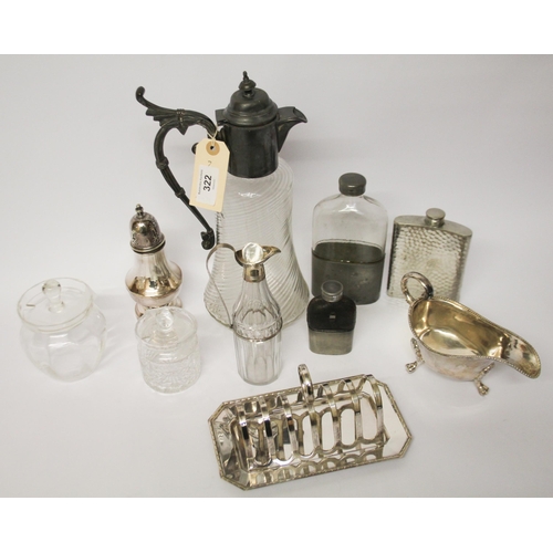 322 - A Wrythen glass and pewter mounted claret jug, a small oil and vinegar bottle and various silver pla... 