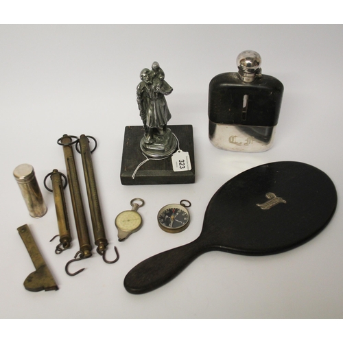 323 - Collectables to include vintage shaving brush in a silver plated holder, hip flask, St Christopher c... 