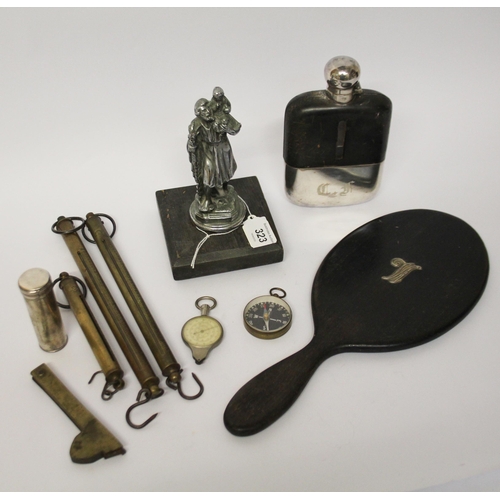 323 - Collectables to include vintage shaving brush in a silver plated holder, hip flask, St Christopher c... 