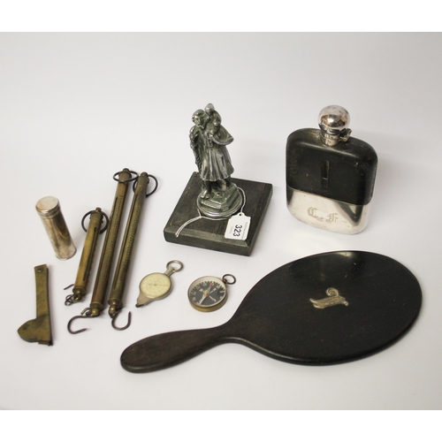 323 - Collectables to include vintage shaving brush in a silver plated holder, hip flask, St Christopher c... 