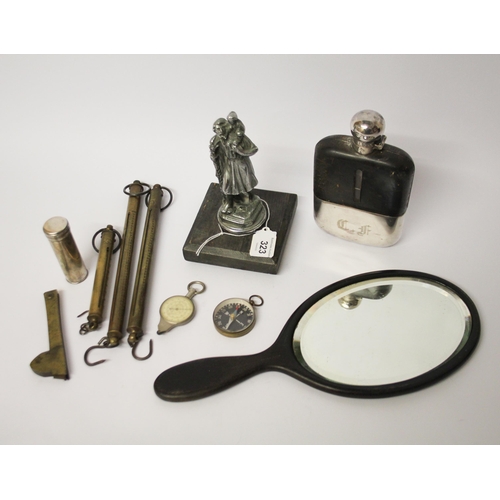 323 - Collectables to include vintage shaving brush in a silver plated holder, hip flask, St Christopher c... 