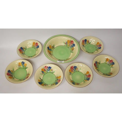 332 - Clarice Cliff Royal Staffordshire Crocus pattern Sundae set comprising six bowls and a large fruit b... 