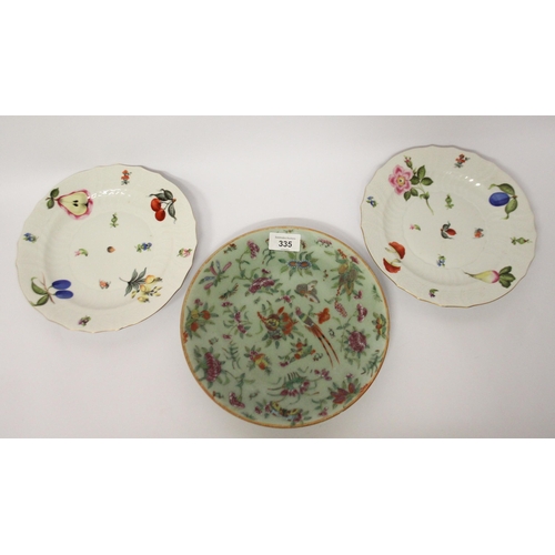 335 - A pair of Herend hand painted fruit and botanic study wall plates together with a Famille Verte Chin... 