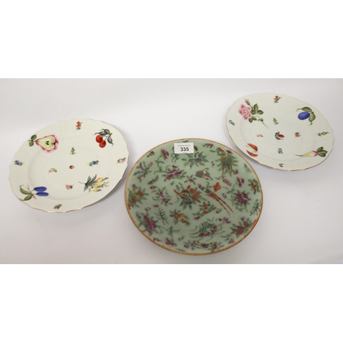 335 - A pair of Herend hand painted fruit and botanic study wall plates together with a Famille Verte Chin... 