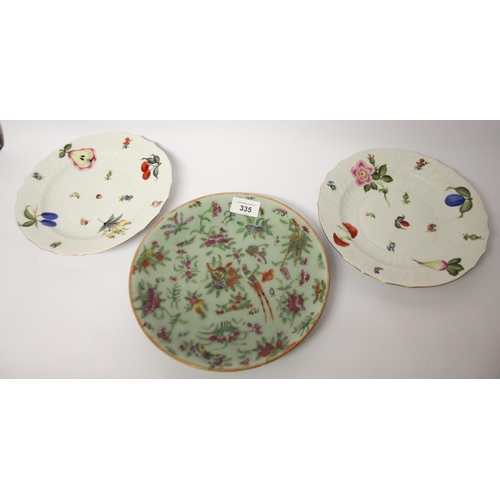 335 - A pair of Herend hand painted fruit and botanic study wall plates together with a Famille Verte Chin... 