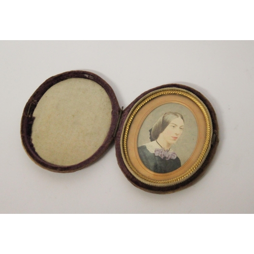 672 - A watercolour portrait miniature of  Lady Amherst within glazed gilt metal frame in velvet case, 7 c... 