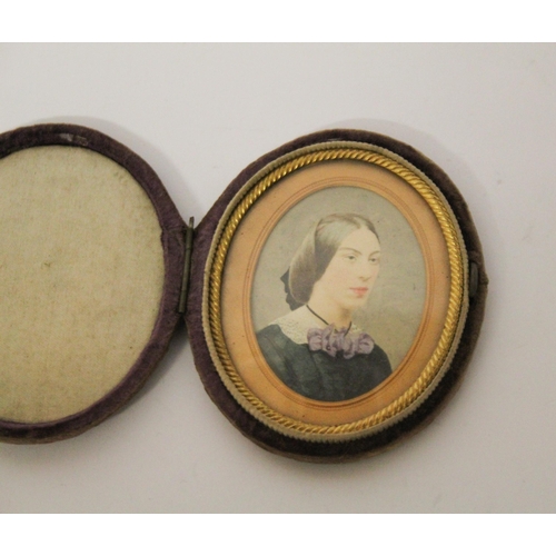 672 - A watercolour portrait miniature of  Lady Amherst within glazed gilt metal frame in velvet case, 7 c... 