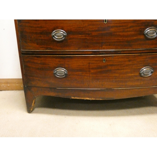 404 - A Georgian mahogany bow front chest of three long and two short drawers with brass handles, standing... 