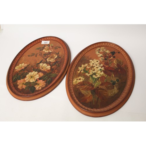 347 - Pair of Watcombe Torquay terracotta oval panels, painted with British flowers