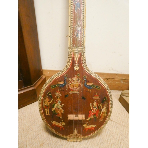 448 - An Indian inlaid Sitar/Lute decorated with figures, birds etc