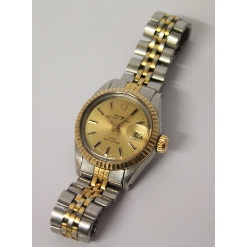 589 - Tudor Princess ladies bi-metal wristwatch, the signed gilt dial with baton markers,  date aperture  ... 