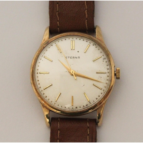 593 - Vintage Eterna gent's 9ct gold cased wristwatch, with case inscribed & dated 1962. On leather strap