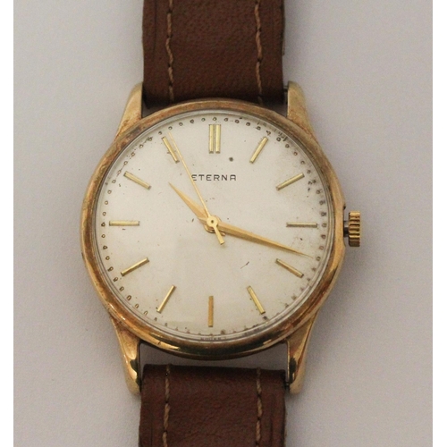 593 - Vintage Eterna gent's 9ct gold cased wristwatch, with case inscribed & dated 1962. On leather strap