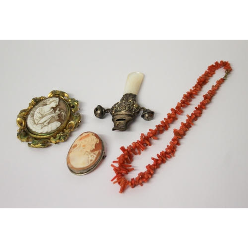 601 - Two carved shell cameo brooches, stick coral necklace and a Victorian silver and mother of pearl bab... 