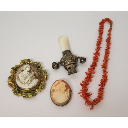 601 - Two carved shell cameo brooches, stick coral necklace and a Victorian silver and mother of pearl bab... 