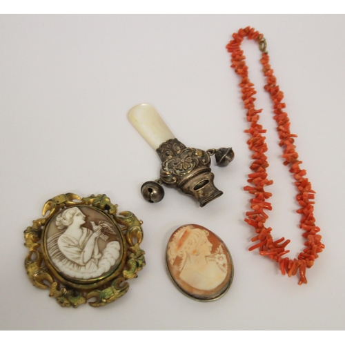 601 - Two carved shell cameo brooches, stick coral necklace and a Victorian silver and mother of pearl bab... 