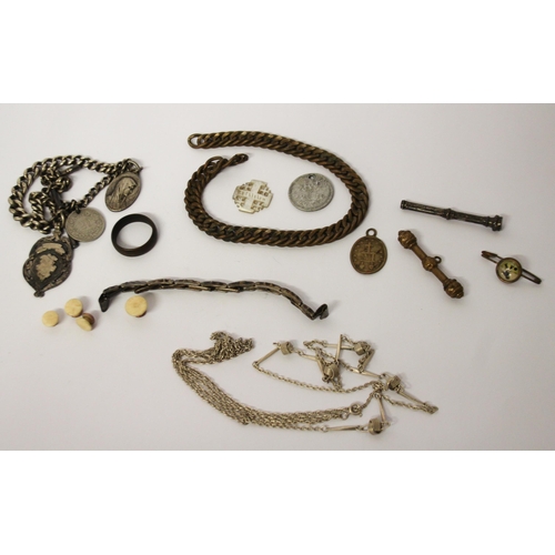 604 - A silver albert chain with medallion, propelling pencil, gilt metal chains and other vintage pieces