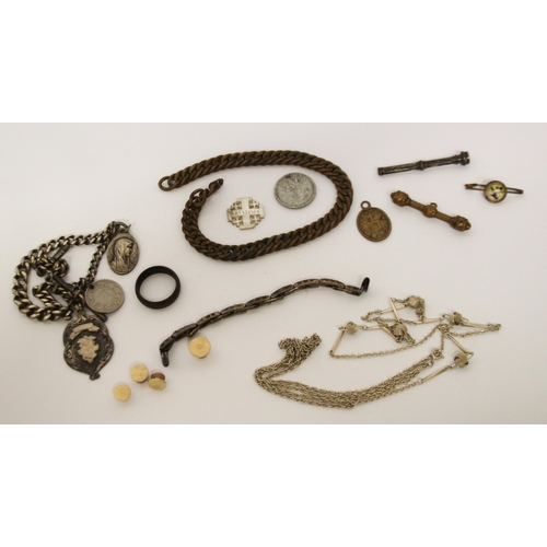 604 - A silver albert chain with medallion, propelling pencil, gilt metal chains and other vintage pieces