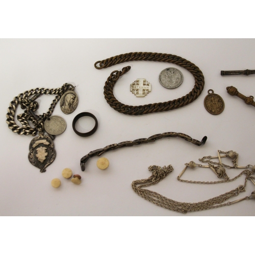 604 - A silver albert chain with medallion, propelling pencil, gilt metal chains and other vintage pieces