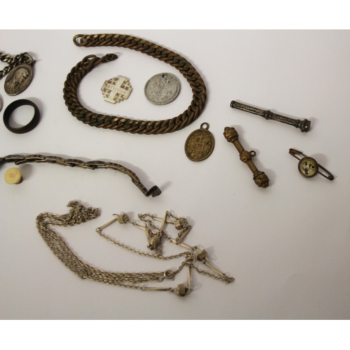 604 - A silver albert chain with medallion, propelling pencil, gilt metal chains and other vintage pieces