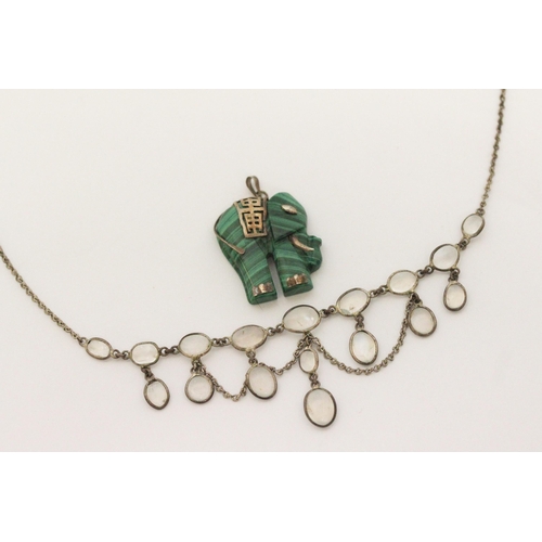 610 - An Edwardian moonstone fringe necklet and a silver mounted malachite elephant pendant