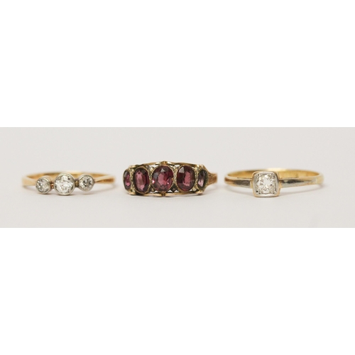 624 - Antique 12ct rose gold garnet five stone ring, Edwardian three stone diamond ring in millegrain sett... 