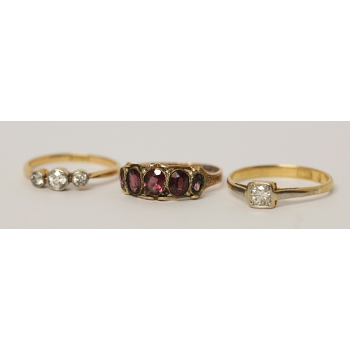 624 - Antique 12ct rose gold garnet five stone ring, Edwardian three stone diamond ring in millegrain sett... 