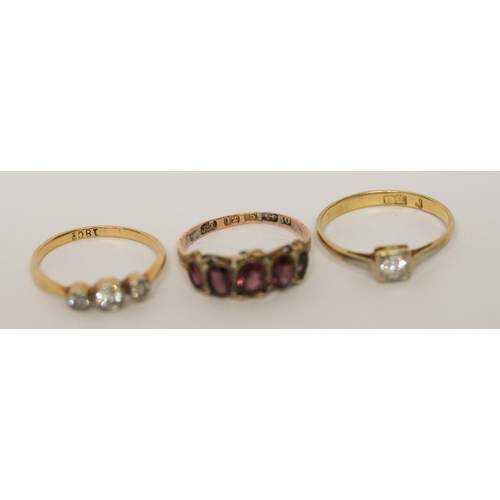 624 - Antique 12ct rose gold garnet five stone ring, Edwardian three stone diamond ring in millegrain sett... 