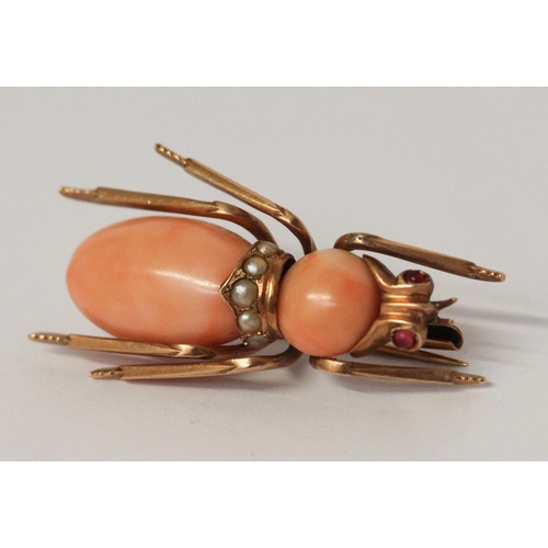 626 - Victorian coral insect bug brooch, with ruby eyes and seed pearls to the body. Unmarked yellow metal... 