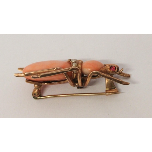 626 - Victorian coral insect bug brooch, with ruby eyes and seed pearls to the body. Unmarked yellow metal... 