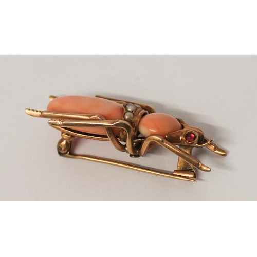 626 - Victorian coral insect bug brooch, with ruby eyes and seed pearls to the body. Unmarked yellow metal... 