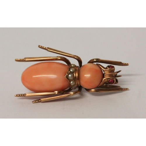 626 - Victorian coral insect bug brooch, with ruby eyes and seed pearls to the body. Unmarked yellow metal... 