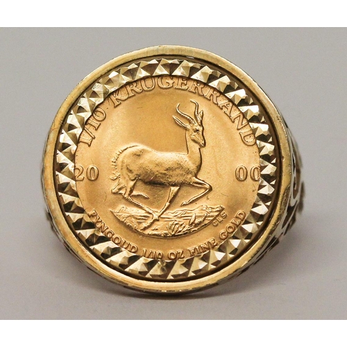 634 - Millenium 1/10th Kruggerand gold coin, mounted as a ring, in hallmarked 9ct gold mount, ring size O,... 