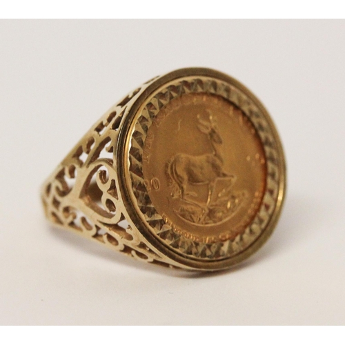 634 - Millenium 1/10th Kruggerand gold coin, mounted as a ring, in hallmarked 9ct gold mount, ring size O,... 