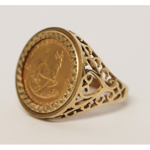 634 - Millenium 1/10th Kruggerand gold coin, mounted as a ring, in hallmarked 9ct gold mount, ring size O,... 