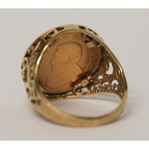 634 - Millenium 1/10th Kruggerand gold coin, mounted as a ring, in hallmarked 9ct gold mount, ring size O,... 