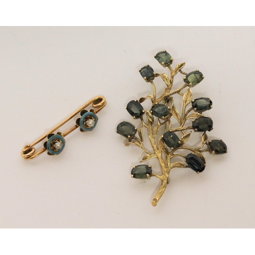 636 - Large 9ct gold and green tourmaline leaf spray brooch and a Victorian gold turquoise enamel and seed... 