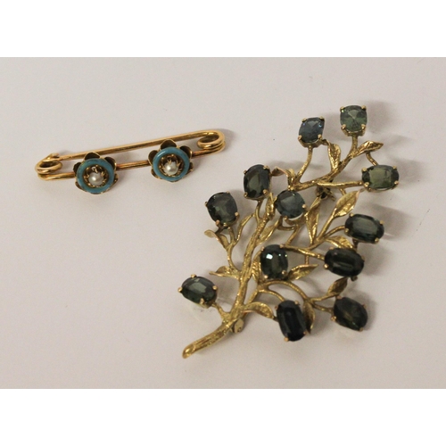 636 - Large 9ct gold and green tourmaline leaf spray brooch and a Victorian gold turquoise enamel and seed... 