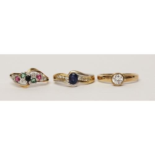 637 - A collection of 9ct gold rings -a sapphire and diamond ring size L, a CZ ring size N, and a sapphire... 