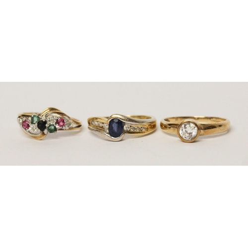 637 - A collection of 9ct gold rings -a sapphire and diamond ring size L, a CZ ring size N, and a sapphire... 